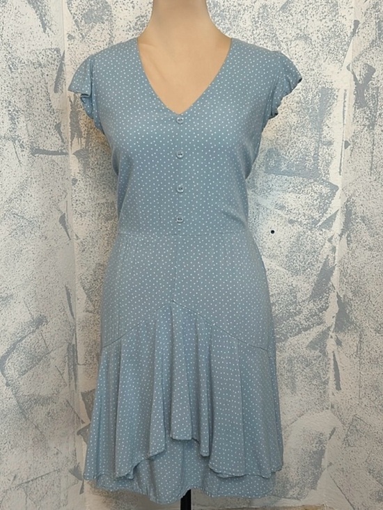 Eyeshadow Dresses & Skirts - Eyeshadow Powder Blue Polka Dot Asymmetrical V-Neck Dress